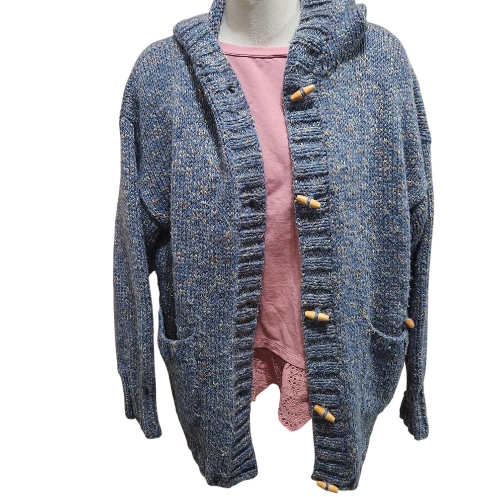Handmade 90s‎ Blue Speckled Knit Hoodie Cardigan Toggle Buttons Pockets